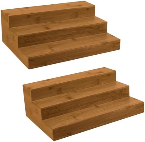 Bamboo Spice Rack Organizer for Cabinet 2 Pack - 3 Tier Countertop Step Shelf, Seasoning Storage Stand for Kitchen Pantry, Spice Holder for Jars Bottles Cans (Brown)
