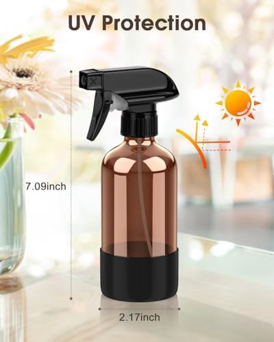 Bontip Glass Spray Bottle with Silicone Sleeve Protection, Amber Glass Spray Bottle Set for Window Cleaner Aromatherapy Facial Hydration Watering Flowers Hair Care 2 Pack/8 oz (Black & Orange)