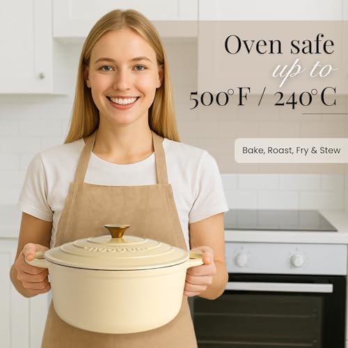 Cast Iron Dutch Oven with Lid-Non-Stick Ovenproof Enamelled Casserole Pot - Sturdy Dutch Oven Cookware-Cream, 7.3- Quart, 30cm- by Nuovva