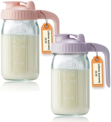 32oz Glass Pitcher with Lid & V-shaped Pour Spout - 1 Quart Double Leak Proof, Creamer Container for Sun Tea, Juice, Cold Brew Coffee, Breastmilk Storage Container