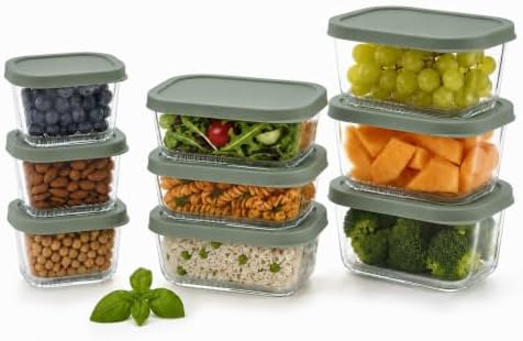 Glass Food Storage Containers with Lids - 18 Piece - 10.5 oz, 17.6 oz & 25.4 oz Sets Glass with BPA-Free Leak Resistant Stackable Lids - Microwave, Oven & Dishwasher Safe - Ideal for Meal - Soft Sage