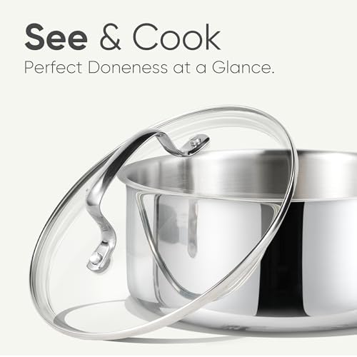CAROTE 1.5Qt Stainless Steel Saucepan, Non-Toxic 3-Ply Stainless Steel Cookware Set with Lids, Small Kitchen Pots, Oven Safe, Compatible with Induction, Ceramic, Gas