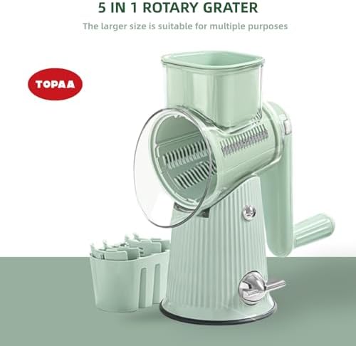 Rotary Cheese Grater with Handle - Vegetable Shredder with 5 Blades & Strong Suction Base, Round Slicer & Food Chopper for Kitchen (Green)