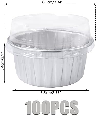 100Pcs Aluminum Cups with Lids,5oz Disposable Ramekin Baking Cups Muffin Liners Mini Pie Pans Foil Cupcake Containers for Christmas Party Wedding,Silver