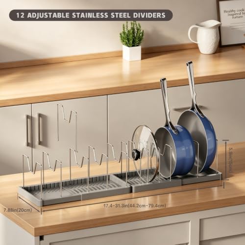 Magheo 2 Pack Expandable Food Storage Container Lid Organizers, 31.3" Pots and Pans Organizer Under Cabinet with 12 Adjustable Dividers Pot and Pan Lid Holders Rack Inside Cabinet(Gray)