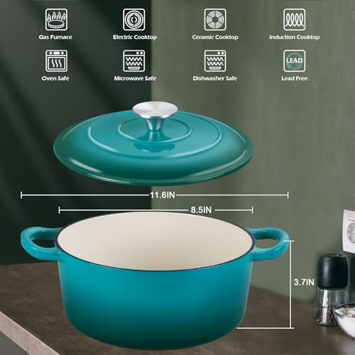 3-Quart Small Enameled Cast Iron Dutch Oven Pot with Lid, Lake Green