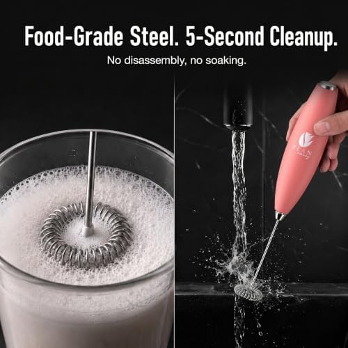 Bean Envy Milk Frother Handheld - Coffee Mixer Wand with Stand - Rose Pink