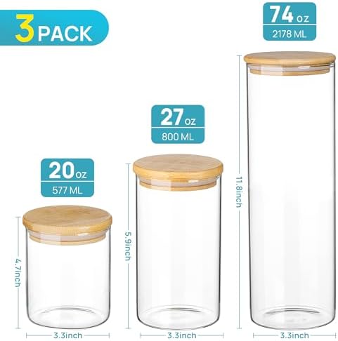 Vtopmart 74oz/27oz/20oz Glass Food Jars with Airtight Bamboo Lids, 3 Pack