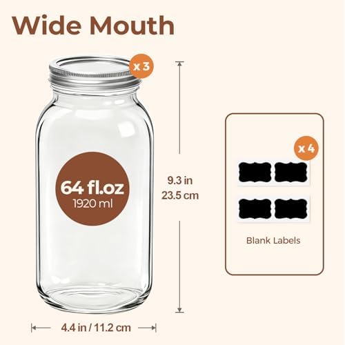ComSaf 64 oz Wide Mouth Mason Jars 3 Pack, Half Gallon Glass Jars with Lids