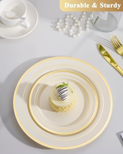 Goodluck 200 PCS Ivory and Gold Plastic Plates Heavy Duty Disposable