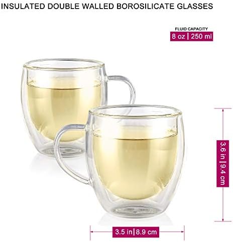 Teabloom Lead-Free Double Walled Cups – Set of 2 Insulated Glass Cups for Tea, Coffee, Espresso, and More – 8 oz / 250 ml – Clarity Collection