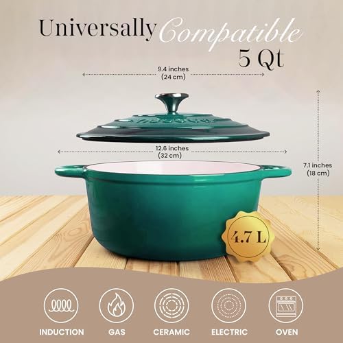 Cast Iron Dutch Oven with Lid - Non-Stick Ovenproof Enamelled Casserole Pot - Sturdy Dutch Oven Cookware - Dark Green, 5-Quart, 24cm - by Nuovva