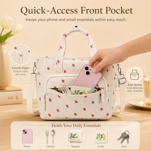 Bluboon Insulated Lunch Box for Work with Cup Holder, Corduroy Lunch Tote
