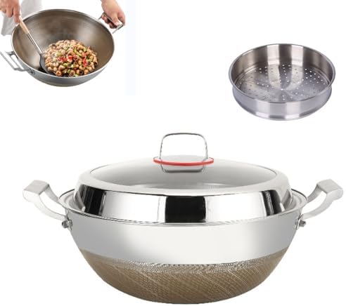 Titanium Hammered Wok with Double Handles, 2026 New Frying Pans Nonstick, Non-Stick Wok, Scratch-Resistant Non Stick Titanium Pans for Cooking,With steamer,15.74in