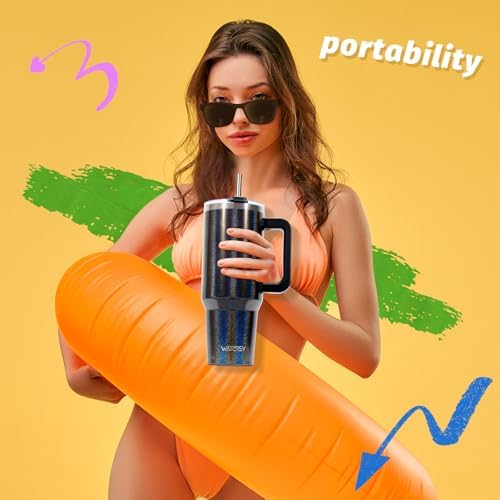 40 oz Shiny Tumbler with Handle and Straw,Stainless Steel Tumbler with Lid and Straw,Insulated Travel Mug(Cold for 34 Hours),Water Bottle for Iced Tea,Coffee (Black)