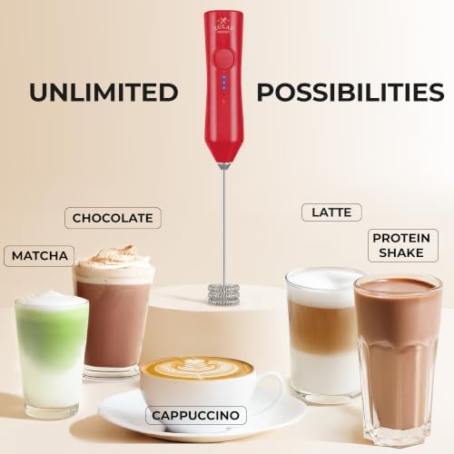 Zulay Kitchen Rechargeable Milk Frother Handheld - Frother Wand, Drink Mixer, Electric Whisk Frother, for Cappuccinos, Matcha & Protein Powder - Dynamic Triple Whisk, 3 Speed 500mAh Red