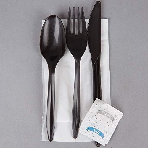 50 Plastic Cutlery Packets - Knife Fork Spoon Napkin Salt Pepper Sets | Black Plastic Silverware Sets Individually Wrapped Cutlery Kits, Bulk Utensil Cutlery Set Disposable To Go Silverware