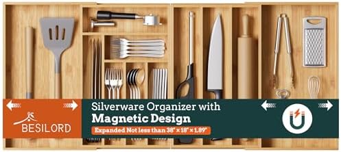 Bamboo Expandable Silverware Drawer Organizer, 11 Slots Utensil Holder