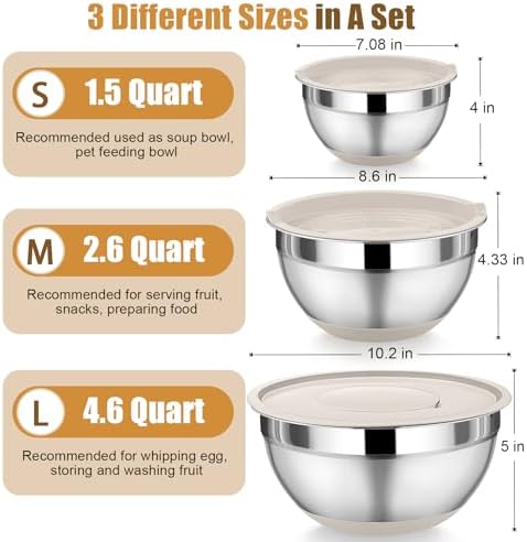 P&P CHEF Mixing Bowl with Lid Set of 3, Stainless Steel Salad Bowls, Khaki