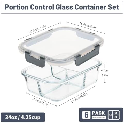 6 Pack 3 Compartment Glass Meal Prep Containers with Lids, 34oz, Grey