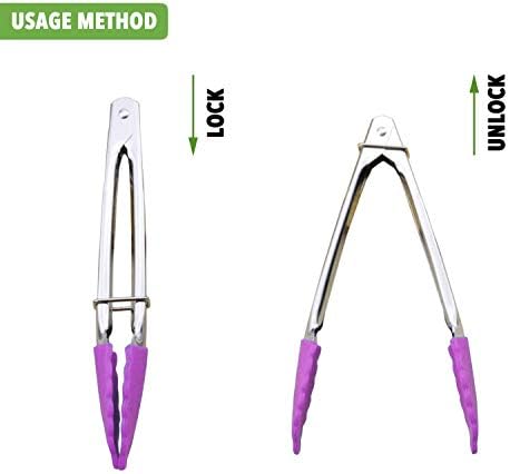 HINMAY 7-Inch Stainless Steel Tongs with Silicone Tips, Set of 3 (Purple)