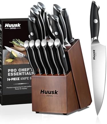 Huusk Kitchen Knife Block Set - Chef Knife Set with Acacia Block Black 14PC