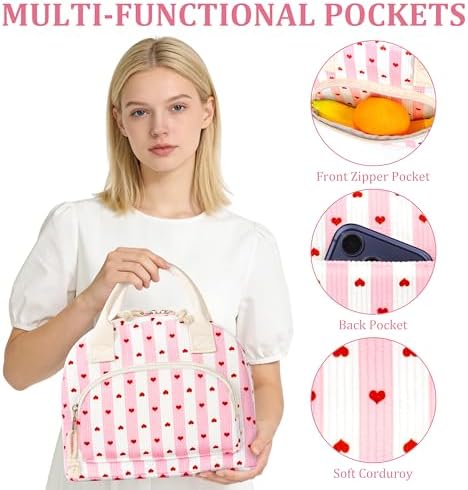 TESAFNG Lunch Bag - Insulated Lunch Box for Women, Reusable Large Capacity Cooler Bag for Adult, Small Leakproof Cute Corduroy Lunch Tote for Work Office Travel Picnic (Striped Pink Heart)