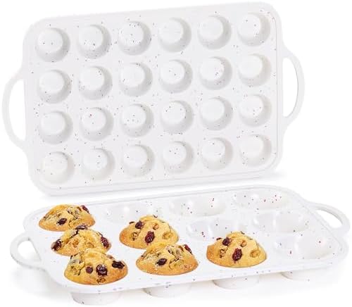 CAKETIME Silicone Muffin Pans for Baking, Metal Reinforced Frame Regular 12 Cups & Mini 24 Cups Cupcake Pan Set Nonstick Muffin Pan for Homemade Baking Easy to Handle