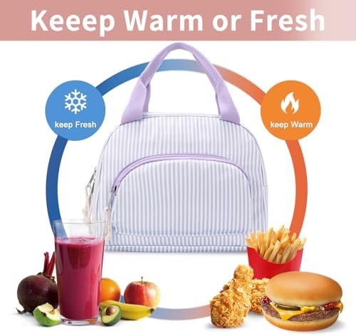Lunch Bag Women Lunch Box for Women Adult Cute Insulated Lunch Bag Small Cooler Lunch Tote Bags for Work Picnic Travel (Purple Stripes)