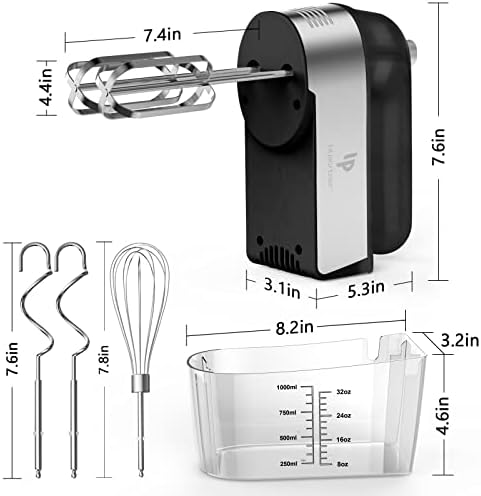 Hand Mixer Electric, 450W Kitchen Mixers with Scale Cup Storage Case, Turbo Boost/Self-Control Speed + 5 Speed + Eject Button + 5 Stainless Steel Accessories, For Easy Whipping Dough, Cream, Black