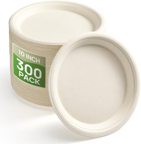 BESTVIP 10 Inch Compostable Sugarcane Paper Plates, Nature,300 Pack