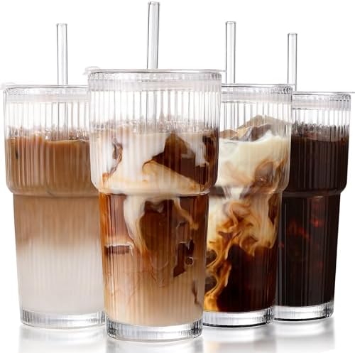 20oz Ribbed Iced Coffee Cups with Lids,4 Pcs Vintage Glass Cups Tumblers