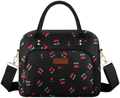 Lunch Bag Large Insulated Lunch Box for Women Men Adult Cute Cherry Lunchbox Lunch Bags Boxes Pail with Shoulder Strap for Work Mom Picnic Office Travel 11.4×6.8×9.1 inches 11.5L Black