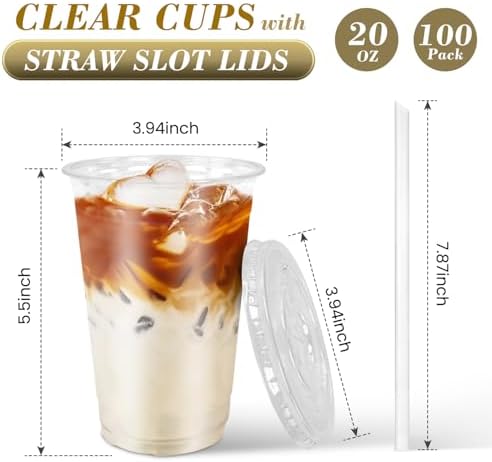 Ginkgo 100-Pack 20oz Clear Plastic Cups with Lids and Straws