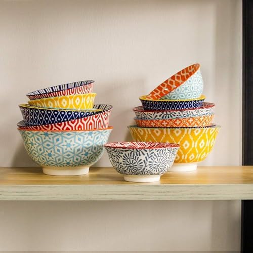 KitchenTour Ceramic Bowls Set - 30 oz Serving Bowls For Kitchen - Cereal, Ice Cream, Soup, Salad, Rice, Dessert Ceramic Bowls - Assorted Colorful Set of 6 - Microwave Dishwasher Safe - 7 Inch