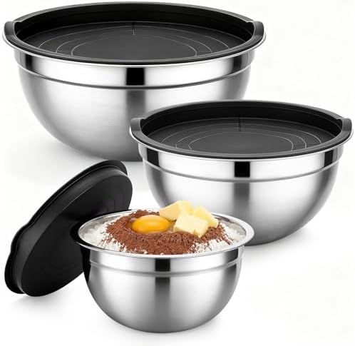 Beasea Mixing Bowls with Lids Set of 3, 1.5/2.5/4 QT Stackable Stainless Steel Nesting Mixing Bowls with Lids for Baking, Meal Prepping, Kitchen Food Serving, Storing