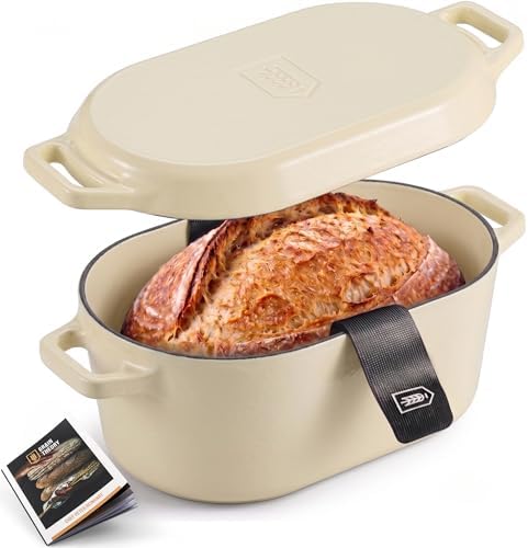 Kook Oval Dutch Oven, for Bread Baking, Sourdough Loaf Pan, Dual Handles, Enameled Cast Iron, with Sling, Dishwasher Safe, 3.4 Qt, Ivory