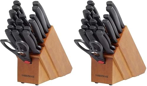 Farberware Knife Block Set, 18-Piece Kitchen Knife Set with Natural Finish Block, Never-Needs-Sharpening High Carbon Stainless Steel Blades and Non-Slip Handles (Pack of 2)