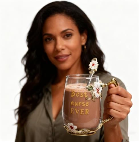 National Nurses Day Flower Glass Cup with Unique Flower Printing and Spoon - Ideal Nurse Christmas Gift (Nurse)