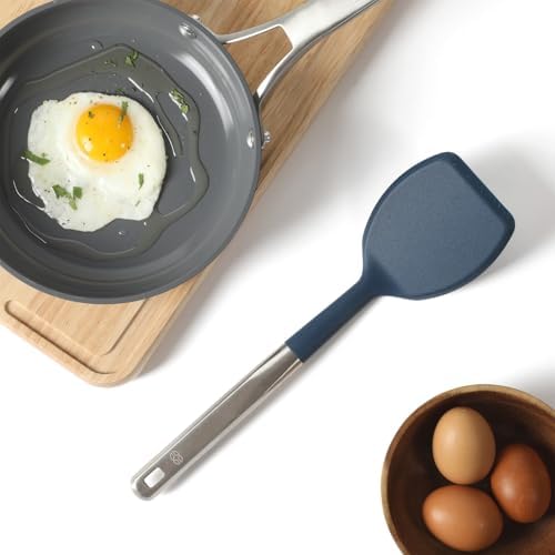Calphalon Prime Solid Turner, Cooking Spatula, Kitchen Spatula, Stainless Steel Turner with Navy Silicone Head, Heat Resistant for Nonstick Cookware, Ergonomic Handle for Easy Turning