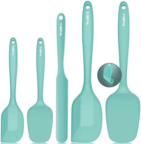 Walfos Silicone Spatula - 600°F High Heat Resistant Kitchen Spoon Spatulas（set of 5), Strong Steel Core and One-Pieces Design, For Cooking Mixing & Baking - BPA Free and Dishwasher Safe (Teal/Aqua)