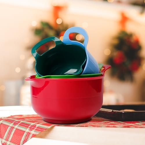 BoxedHome 4 Pack Nesting Mixing Bowl Christmas Set with Pour Spout and Handle, BPA free Microwave & Dishwasher Safe(Christmas colours, 4 Pack with Handle)
