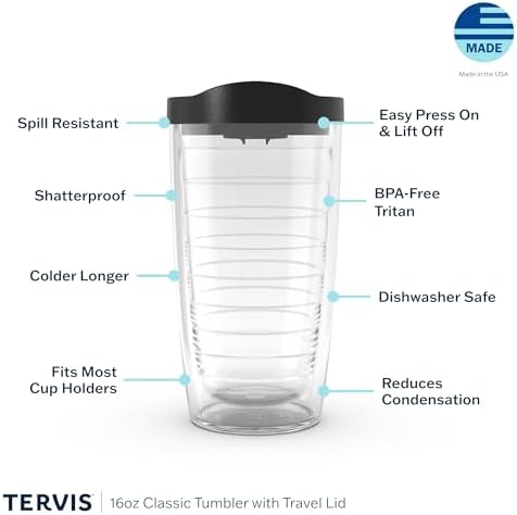 Tervis Clear & Colorful Lidded Made in USA Double Walled Insulated Tumbler Travel Cup Keeps Drinks Cold & Hot, 16oz, Black Lid