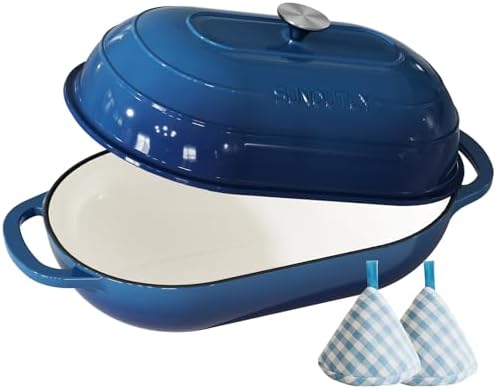 Enameled Cast Iron Bread Oven, 5QT Cast Iron Dutch Oven for Homemade Sourdough Bread Baking, Oval Bread Pot with Dome Lid & Cotton Potholders, Navy Blue