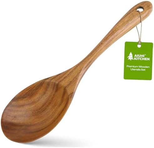AIUHI Teak Wooden Salad Spoon, Durable Wooden Serving Spoon, Nonstick-Safe Wooden Utensil for Mixing, Frying & Serving