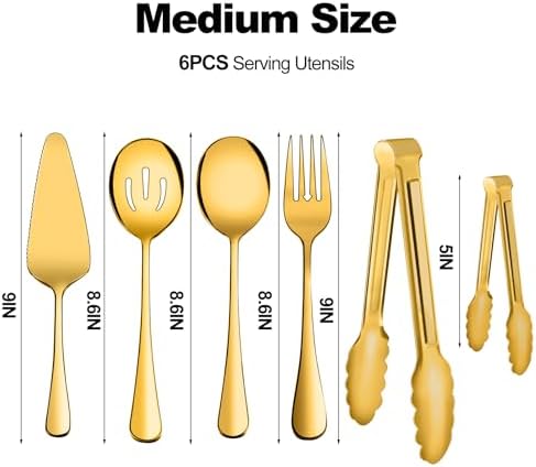 Serving Utensils, XEVOM 6-Piece Stainless Steel Serving Utensil Set Gold