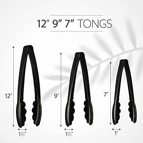 Plasticpro Heavy Duty Reusable Black Serving Tongs Combo Set - 4 Pieces (7.5'', 9'', 12'') for Kitchen, BBQ, Parties, Catering, Events, Weddings - Pack of 12