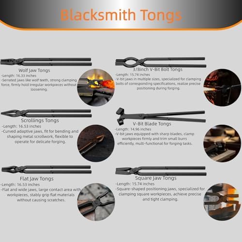 Blacksmith Tongs Set, 17 Inch Carbon Steel Forging Tongs, 6-Piece Professional Blacksmithing Tools for Beginners and Expert Craftsmen