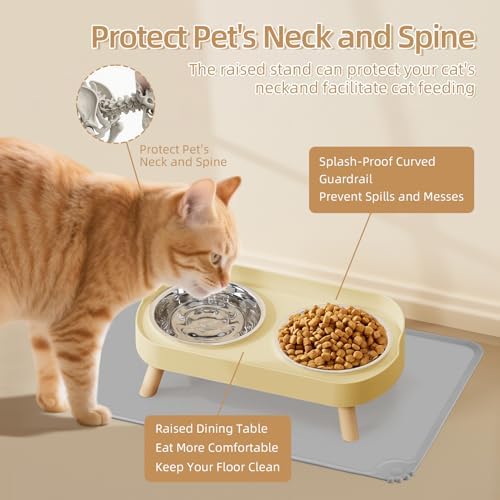 Elevated Cat Bowl with Food Mat, Raised Cat Food and Water Bowl Set for Indoor Cats, Splash Proof with 2 Stainless Steel Pet Food Bowls for Cat and Puppies,Whisker Fatigue and Dishwasher Safe (Yellow)