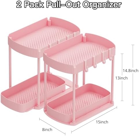 2 Packs Under Sink Pull-Out Storage Organizers, 14.8 Inches,Pink